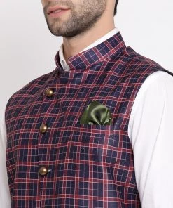 VASTRAMAY Men's Blue Checked And Angrakha Pattern Classic Nehru Jacket
