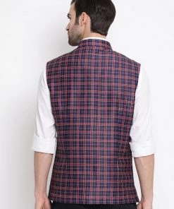 VASTRAMAY Men's Blue Checked And Angrakha Pattern Classic Nehru Jacket