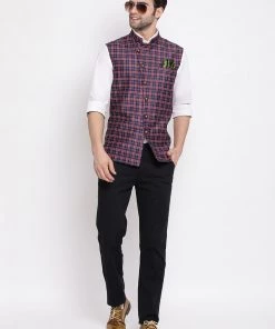 VASTRAMAY Men's Blue Checked And Angrakha Pattern Classic Nehru Jacket