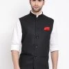 Vastramay Men's Black Cotton Silk Blend Nehru Jacket