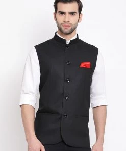 Vastramay Men's Black Cotton Silk Blend Nehru Jacket