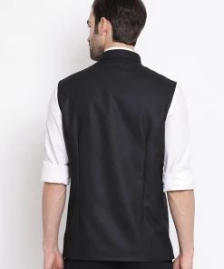 Vastramay Men's Black Cotton Silk Blend Nehru Jacket