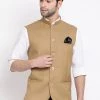 Vastramay Beige Cotton Blend Twill Nehru Jacket Men