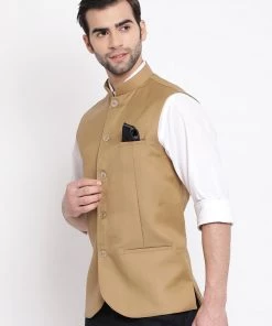 Vastramay Beige Cotton Blend Twill Nehru Jacket Men