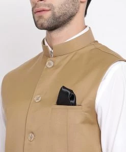 Vastramay Beige Cotton Blend Twill Nehru Jacket Men