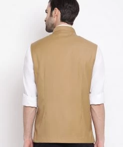 Vastramay Beige Cotton Blend Twill Nehru Jacket Men