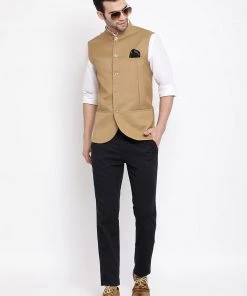 Vastramay Beige Cotton Blend Twill Nehru Jacket Men