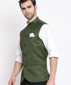 Vastramay Green Cotton Blend Twill Nehru Jacket