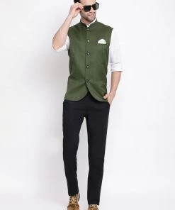Vastramay Green Cotton Blend Twill Nehru Jacket