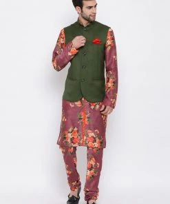 Vastramay Multicolored-Base-Purple Baap Beta Jacket Kurta Pyjama Set