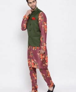 Vastramay Green Twill Jacket, Printed Kurta And Pyjama Set Kurta Sets