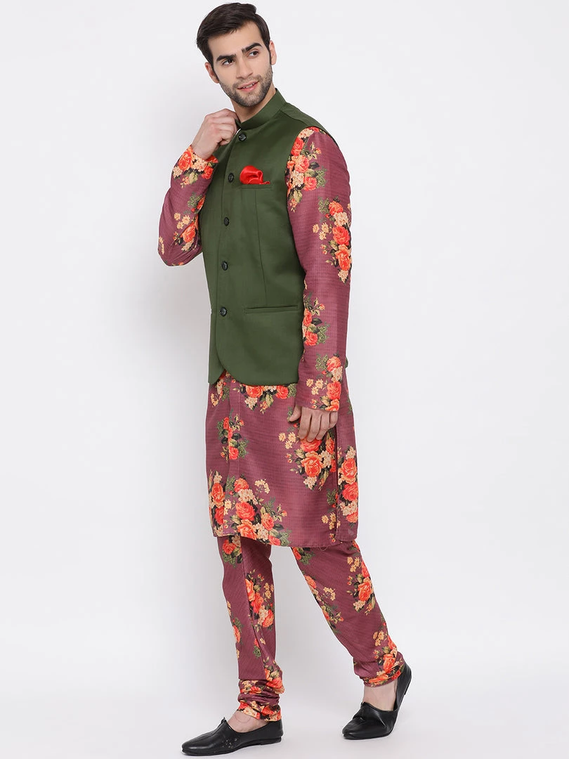 Vastramay Green Twill Jacket, Printed Kurta And Pyjama Set Kurta Sets 4 Vastramay Green Twill Jacket, Printed Kurta And Pyjama Set Kurta Sets