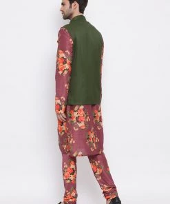 Vastramay Multicolored-Base-Purple Baap Beta Jacket Kurta Pyjama Set