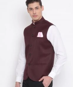 Vastramay Men Maroon Cotton Blend Twill Nehru Jacket