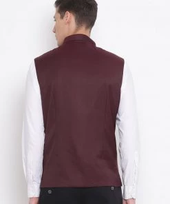 Vastramay Men Maroon Cotton Blend Twill Nehru Jacket