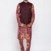 Vastramay Men Maroon Twill Jacket, Printed Kurta And Pyjama Set 2 Vastramay Men Maroon Twill Jacket, Printed Kurta And Pyjama Set