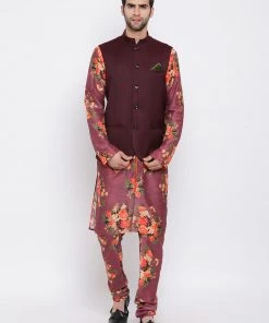 Vastramay Multicolored-Base-Purple Baap Beta Jacket Kurta Pyjama Set