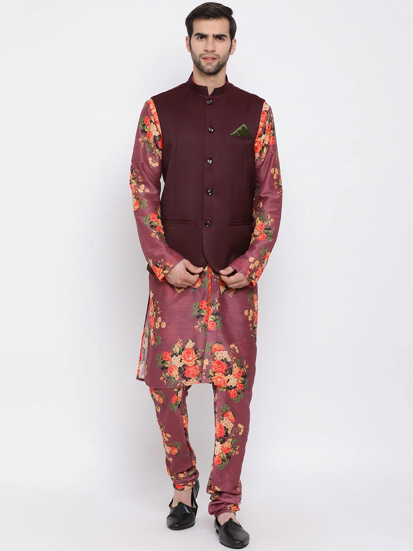 Vastramay Multicolored-Base-Purple Baap Beta Jacket Kurta Pyjama Set 4 Vastramay Multicolored-Base-Purple Baap Beta Jacket Kurta Pyjama Set