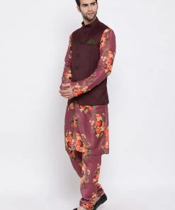 Vastramay Men Maroon Twill Jacket, Printed Kurta And Pyjama Set