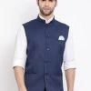 Vastramay Navy Blue Cotton Blend Twill Nehru Jacket Men
