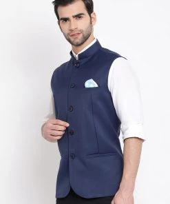 Vastramay Navy Blue Cotton Blend Twill Nehru Jacket Men