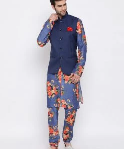 Vastramay Multicolored-Base-Blue Baap Beta Jacket Kurta Pyjama Set