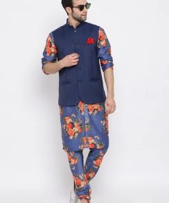 Vastramay Kurta Sets Navy Blue Twill Jacket, Printed Kurta And Pyjama Set