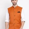 Vastramay Men Orange Cotton Blend Twill Nehru Jacket