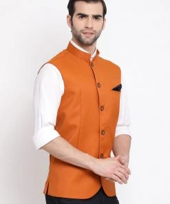 Vastramay Men Orange Cotton Blend Twill Nehru Jacket