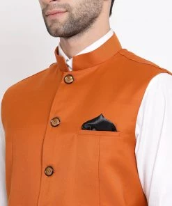 Vastramay Men Orange Cotton Blend Twill Nehru Jacket