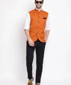 Vastramay Men Orange Cotton Blend Twill Nehru Jacket