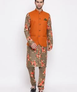 Vastramay Multicolored-Base-Chiku Baap Beta Jacket Kurta Pyjama Set