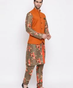 Vastramay Orange Twill Jacket, Printed Kurta And Pyjama Set Kurta Sets