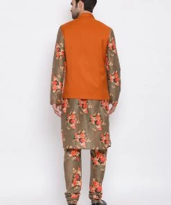 Vastramay Orange Twill Jacket, Printed Kurta And Pyjama Set Kurta Sets