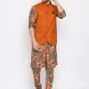 Vastramay Orange Twill Jacket, Printed Kurta And Pyjama Set Kurta Sets