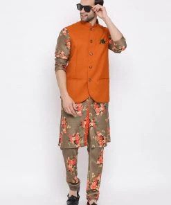 Vastramay Orange Twill Jacket, Printed Kurta And Pyjama Set Kurta Sets