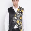 VASTRAMAY Men's Black Floral Printed Waistcoat Jacket