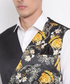 VASTRAMAY Men's Black Floral Printed Waistcoat Jacket