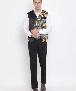 VASTRAMAY Men's Black Floral Printed Waistcoat Jacket