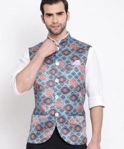 VASTRAMAY Men's Blue Digital Printed Royal Nehru Jacket