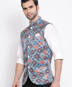 VASTRAMAY Men's Blue Digital Printed Royal Nehru Jacket