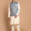 VASTRAMAY Men's Blue Jacket With Cream Colour Kurta And Pyjama