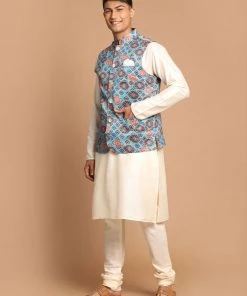 VASTRAMAY Men's Blue Jacket With Cream Colour Kurta And Pyjama
