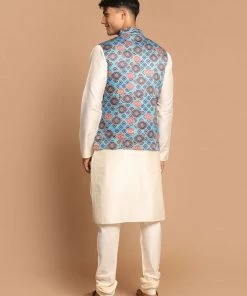 VASTRAMAY Men's Blue Jacket With Cream Colour Kurta And Pyjama