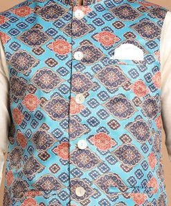 VASTRAMAY Men's Blue Jacket With Cream Colour Kurta And Pyjama