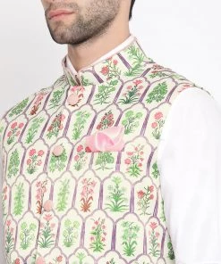 VASTRAMAY Men's Cream Digital Floral Printed Royal Nehru Jacket 11 VASTRAMAY Men's Cream Digital Floral Printed Royal Nehru Jacket