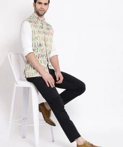 VASTRAMAY Men's Cream Digital Floral Printed Royal Nehru Jacket 12 VASTRAMAY Men's Cream Digital Floral Printed Royal Nehru Jacket