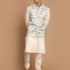 VASTRAMAY Men's Cream Digital Print Nehru Jacket With Cream Colour Kurta And Pyjama 1 VASTRAMAY Men's Cream Digital Print Nehru Jacket With Cream Colour Kurta And Pyjama