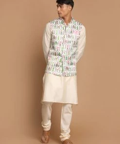 VASTRAMAY Men's Cream Digital Print Nehru Jacket With Cream Colour Kurta And Pyjama