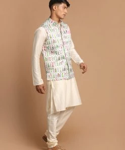 VASTRAMAY Men's Cream Digital Print Nehru Jacket With Cream Colour Kurta And Pyjama